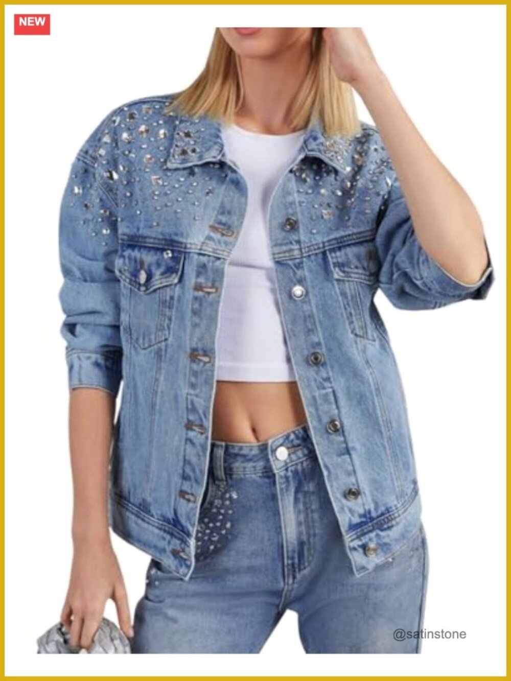 Rhinestone Embellished Oversized Denim Jacket Button Down Trucker Coat